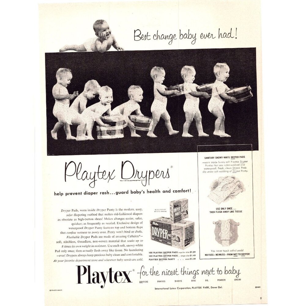 1951 Playtex Drypers Disposable Diapers Vintage Print Ad Baby Toddler Wall Art